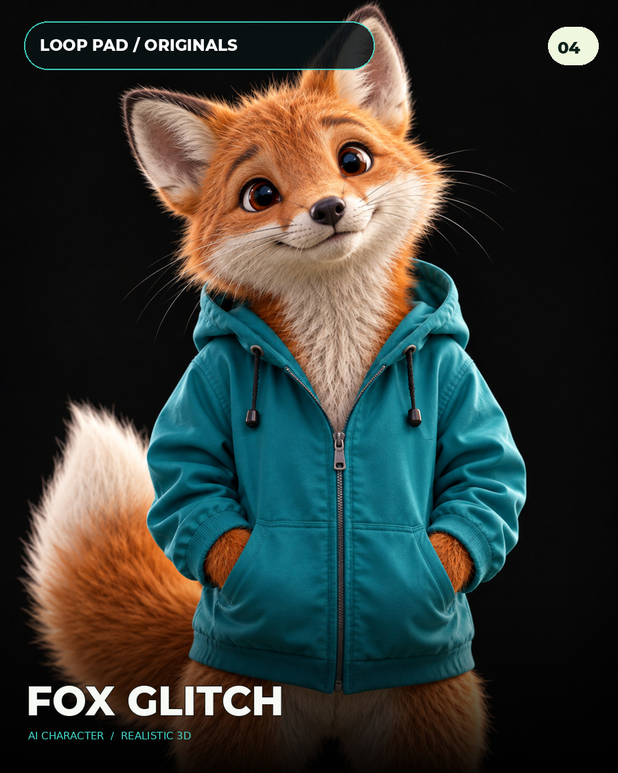 3D orange fox wearing a teal hoodie